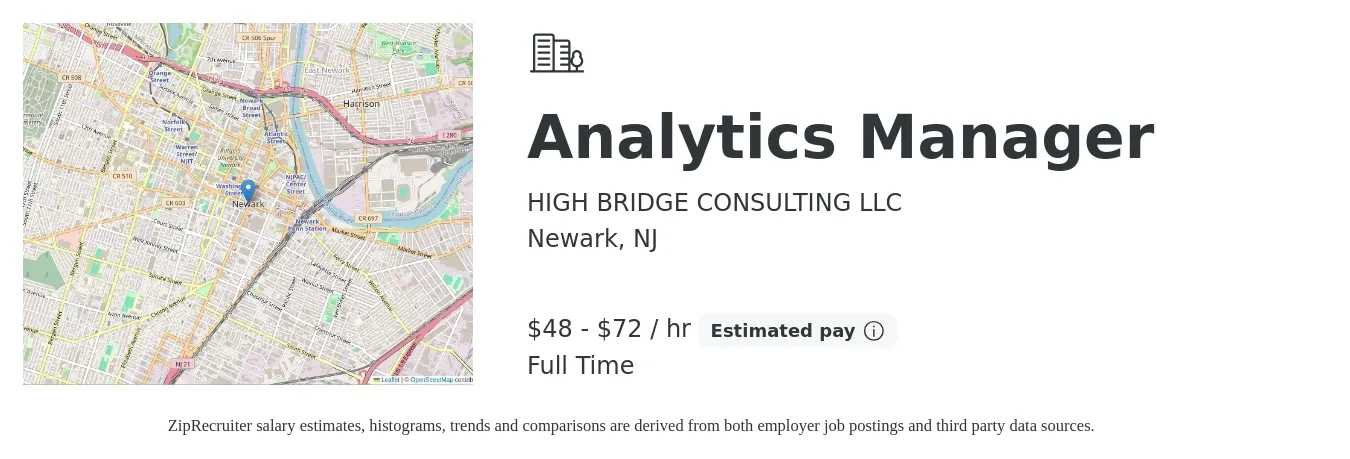 HIGH BRIDGE CONSULTING LLC job posting for a Analytics Manager in Newark, NJ with a salary of $50 to $75 Hourly with a map of Newark location.