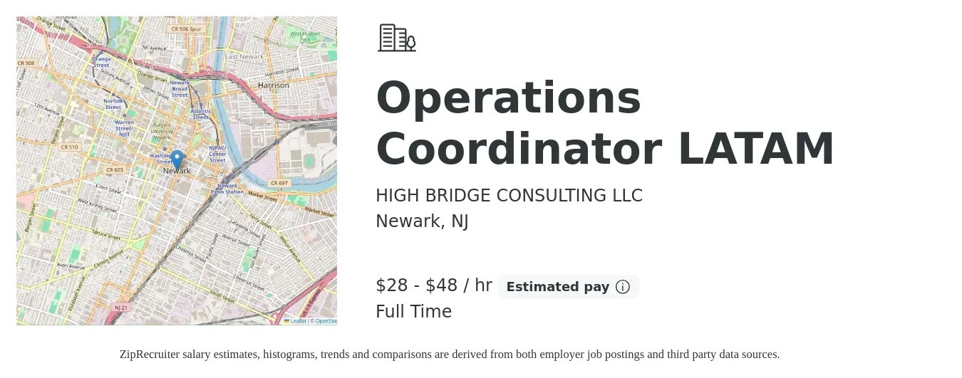 HIGH BRIDGE CONSULTING LLC job posting for a Operations Coordinator LATAM in Newark, NJ with a salary of $30 to $50 Hourly with a map of Newark location.