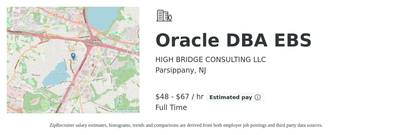 HIGH BRIDGE CONSULTING LLC job posting for a Oracle DBA EBS in Parsippany, NJ with a salary of $50 to $70 Hourly with a map of Parsippany location.