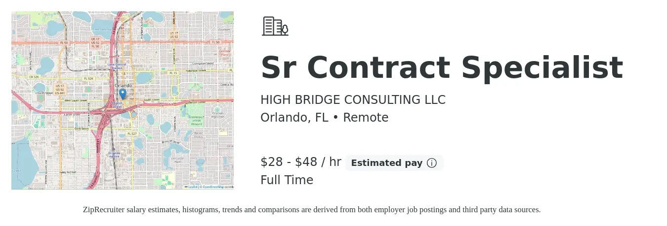 HIGH BRIDGE CONSULTING LLC job posting for a Sr Contract Specialist in Orlando, FL with a salary of $30 to $50 Hourly with a map of Orlando location.