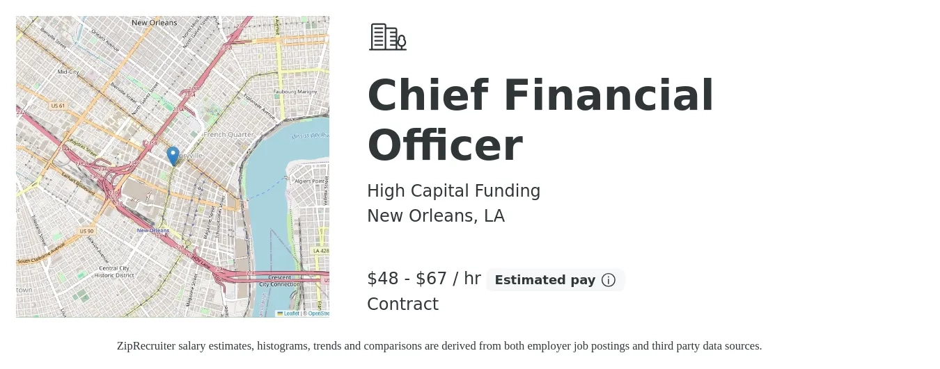 High Capital Funding job posting for a Chief Financial Officer in New Orleans, LA with a salary of $50 to $70 Hourly with a map of New Orleans location.
