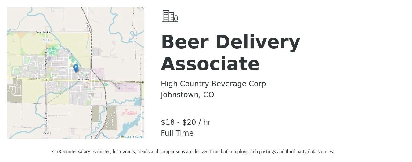High Country Beverage Corp job posting for a Beer Delivery Associate in Johnstown, CO with a salary of $19 to $22 Hourly with a map of Johnstown location.