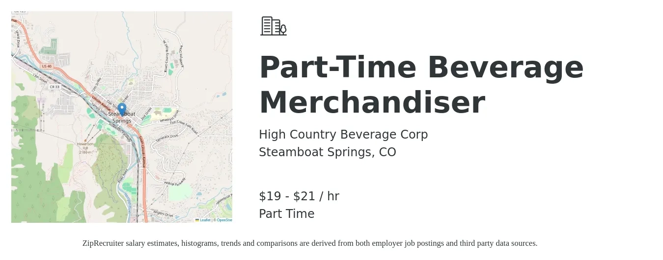 High Country Beverage Corp job posting for a Part-Time Beverage Merchandiser in Steamboat Springs, CO with a salary of $20 Hourly with a map of Steamboat Springs location.