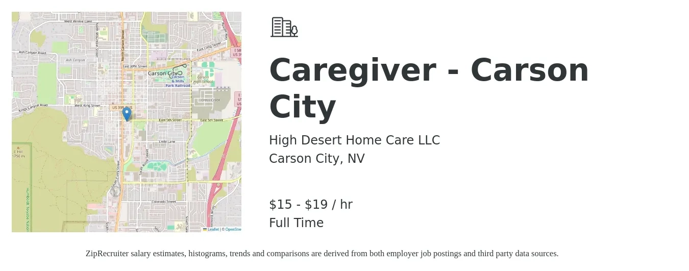 High Desert Home Care LLC job posting for a Caregiver - Carson City in Carson City, NV with a salary of $16 to $20 Hourly with a map of Carson City location.