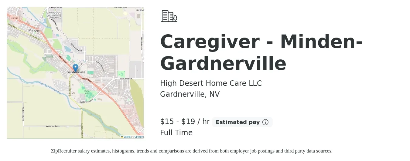 High Desert Home Care LLC job posting for a Caregiver - Minden-Gardnerville in Gardnerville, NV with a salary of $16 to $20 Hourly with a map of Gardnerville location.