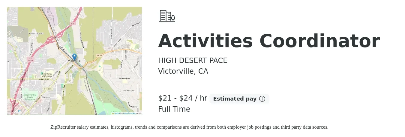 HIGH DESERT PACE job posting for a Activities Coordinator in Victorville, CA with a salary of $22 to $25 Hourly with a map of Victorville location.