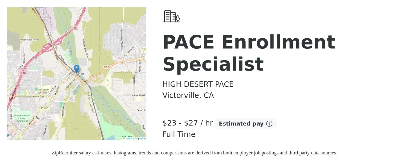 HIGH DESERT PACE job posting for a PACE Enrollment Specialist in Victorville, CA with a salary of $24 to $29 Hourly with a map of Victorville location.
