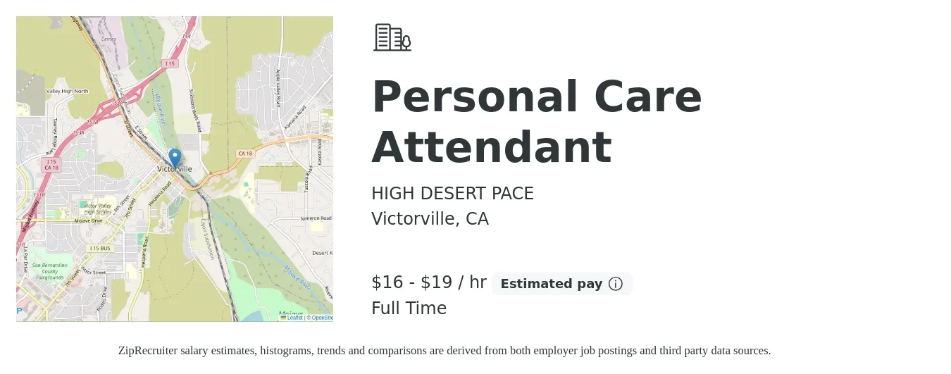 HIGH DESERT PACE job posting for a Personal Care Attendant in Victorville, CA with a salary of $17 to $20 Hourly with a map of Victorville location.