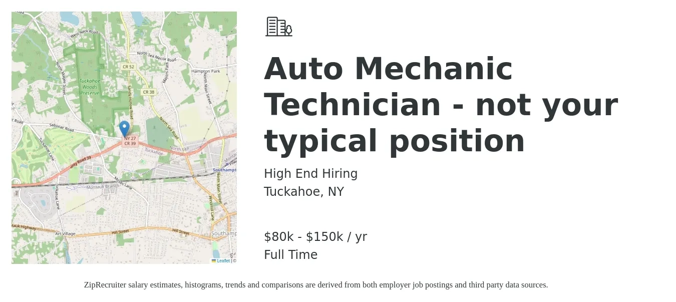 High End Hiring job posting for a Auto Mechanic Technician (not your typical position) in Tuckahoe, NY with a salary of $80,000 to $150,000 Yearly with a map of Tuckahoe location.