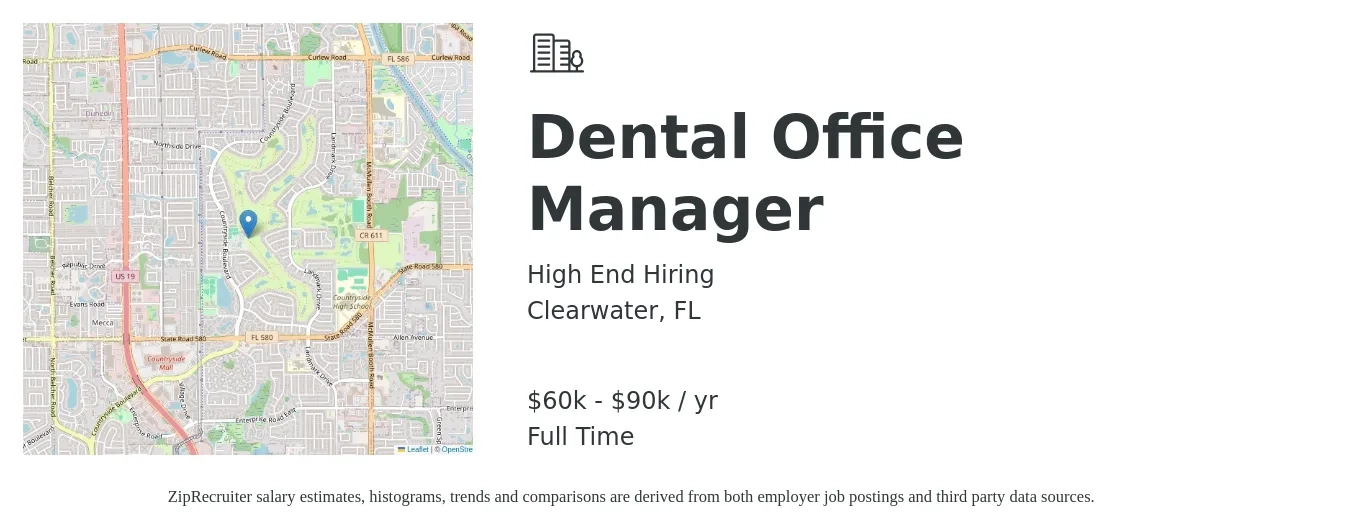 High End Hiring job posting for a Dental Office Manager in Clearwater, FL with a salary of $60,000 to $90,000 Yearly with a map of Clearwater location.