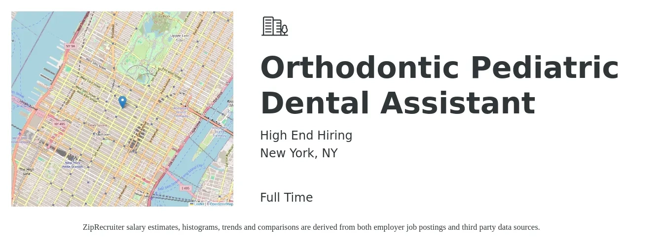 High End Hiring job posting for a Orthodontic Pediatric Dental Assistant in New York, NY with a salary of $25 to $30 Hourly with a map of New York location.