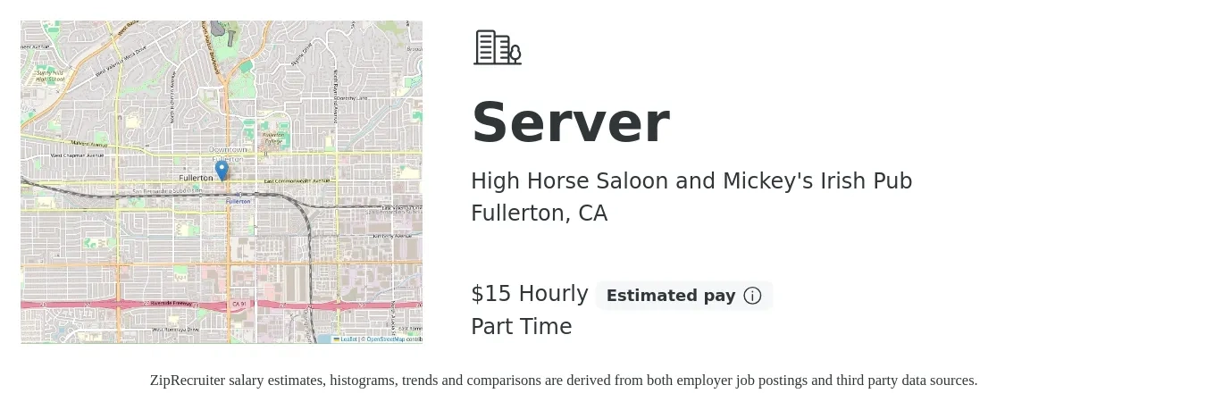 High Horse Saloon and Mickey's Irish Pub job posting for a Server in Fullerton, CA with a salary of $16 Hourly with a map of Fullerton location.