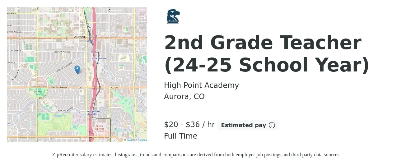 High Point Academy job posting for a 2nd Grade Teacher (24-25 School Year) in Aurora, CO with a salary of $44,000 to $79,000 Yearly with a map of Aurora location.