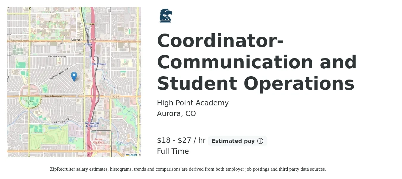 High Point Academy job posting for a Coordinator-Communication and Student Operations in Aurora, CO with a salary of $40,000 to $60,000 Yearly with a map of Aurora location.
