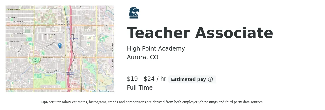 High Point Academy job posting for a Teacher Associate in Aurora, CO with a salary of $20 to $25 Hourly with a map of Aurora location.
