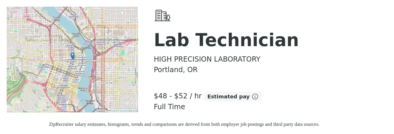 HIGH PRECISION LABORATORY job posting for a Lab Technician in Portland, OR with a salary of $50 to $55 Hourly with a map of Portland location.