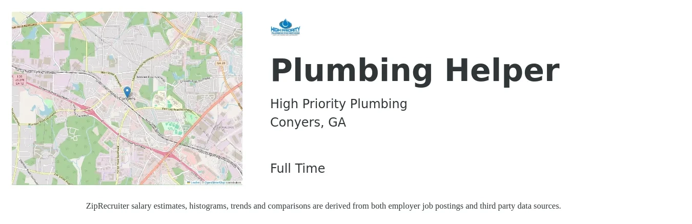 High Priority Plumbing job posting for a Plumbing Helper in Conyers, GA with a salary of $14 to $16 Hourly with a map of Conyers location.