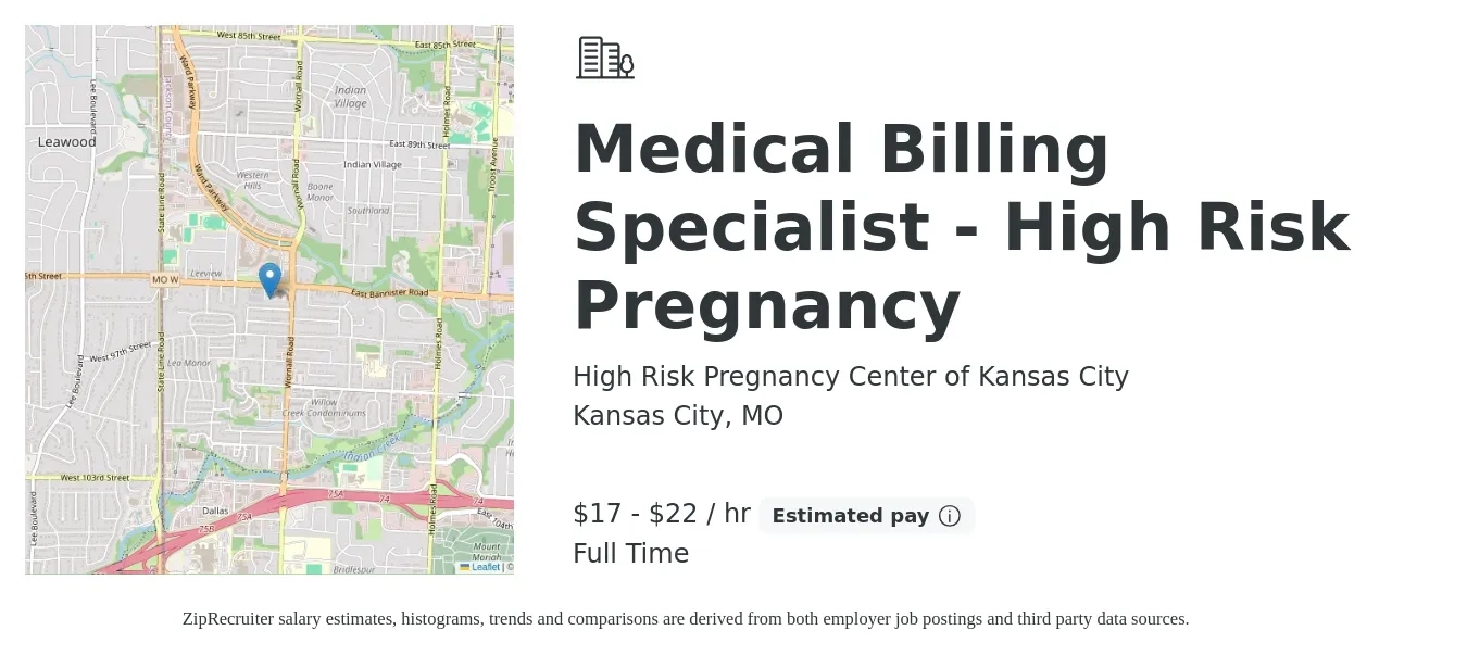 High Risk Pregnancy Center of Kansas City job posting for a Medical Billing Specialist - High Risk Pregnancy in Kansas City, MO with a salary of $18 to $23 Hourly with a map of Kansas City location.