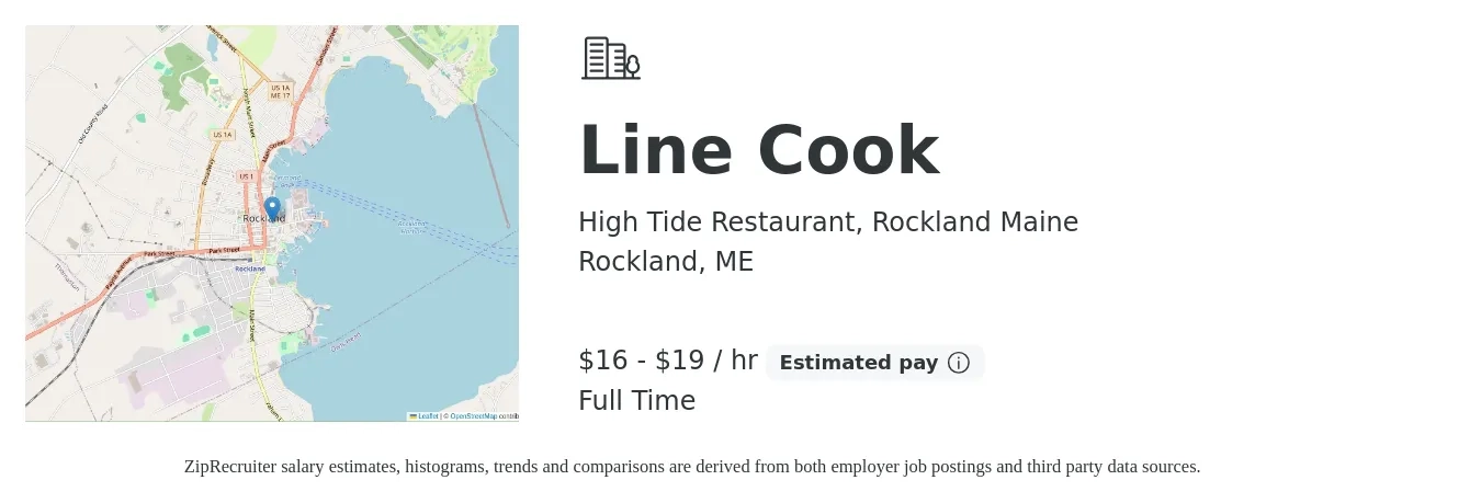 High Tide Restaurant, Rockland Maine job posting for a Line Cook in Rockland, ME with a salary of $17 to $20 Hourly with a map of Rockland location.