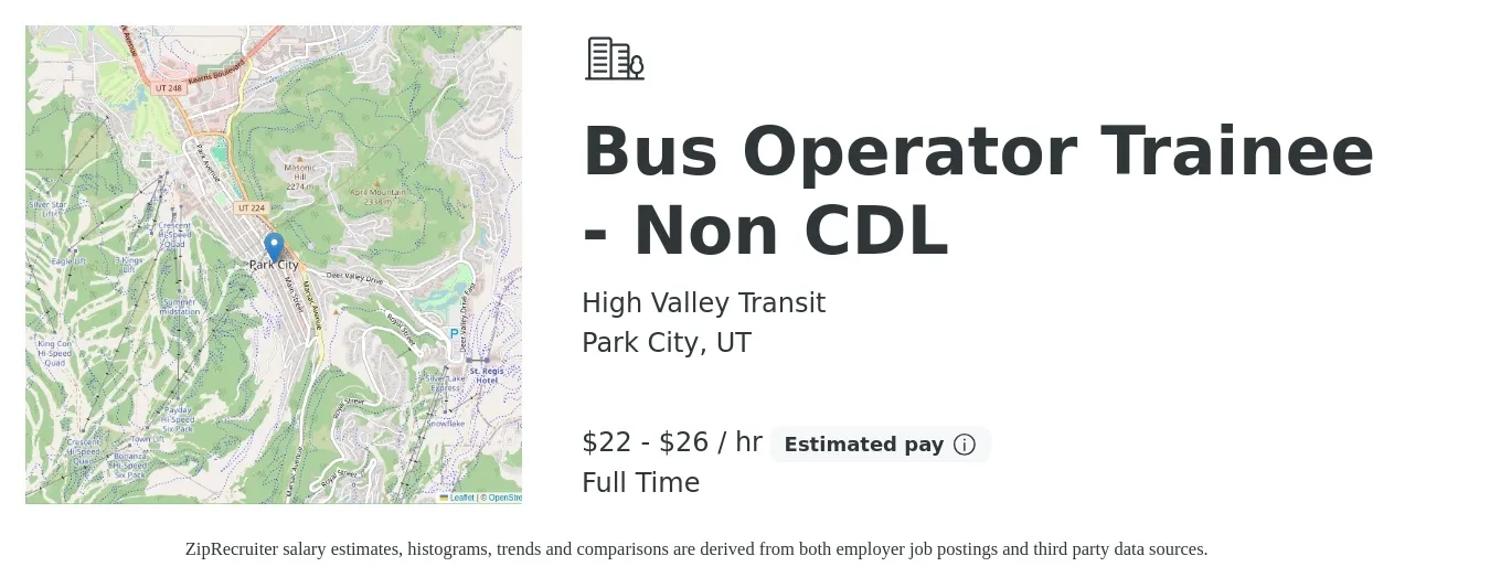 High Valley Transit job posting for a Bus Operator Trainee - Non CDL in Park City, UT with a salary of $23 to $28 Hourly with a map of Park City location.