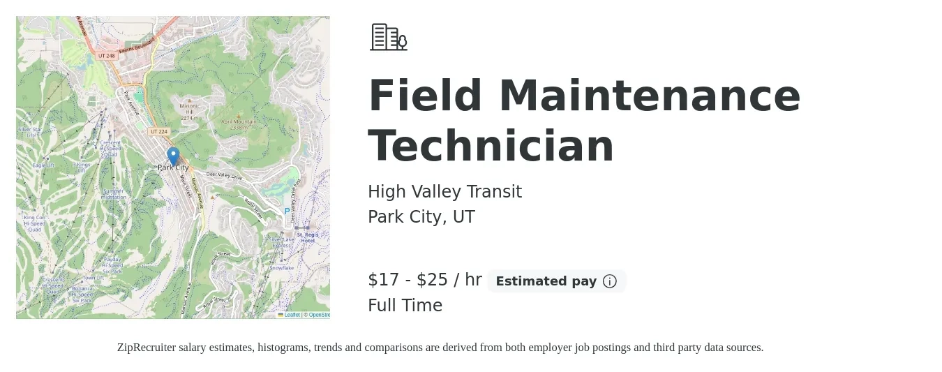 High Valley Transit job posting for a Field Maintenance Technician in Park City, UT with a salary of $18 to $26 Hourly with a map of Park City location.