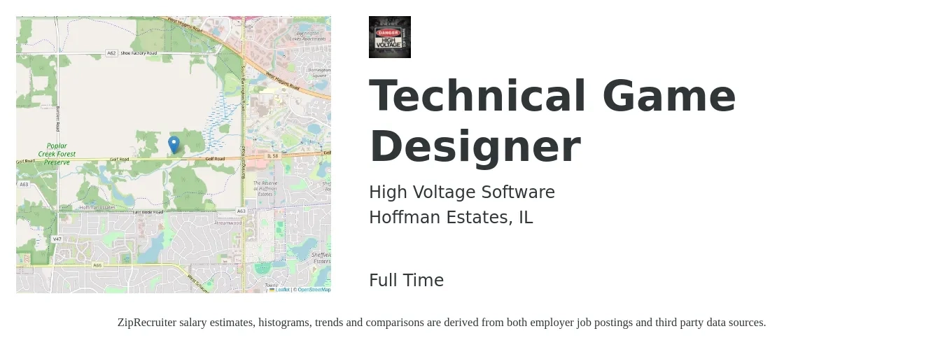 High Voltage Software job posting for a Technical Game Designer in Hoffman Estates, IL with a salary of $61,900 to $87,500 Yearly with a map of Hoffman Estates location.