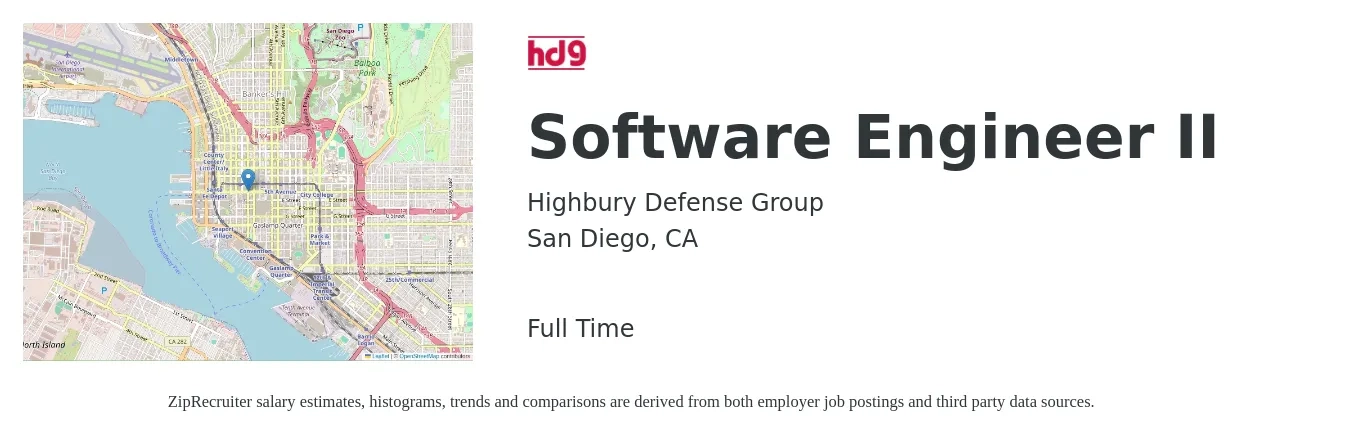 Highbury Defense Group job posting for a Software Engineer II in San Diego, CA with a salary of $99,000 to $135,600 Yearly with a map of San Diego location.