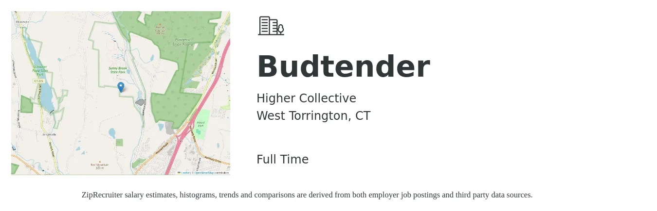 Higher Collective job posting for a Budtender in West Torrington, CT with a map of West Torrington location.