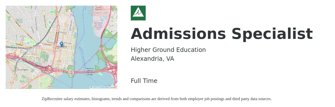 Higher Ground Education job posting for a Admissions Specialist in Alexandria, VA with a salary of $20 to $28 Hourly with a map of Alexandria location.
