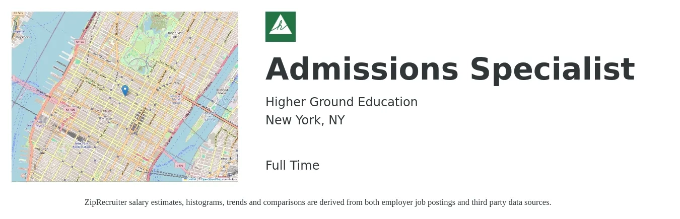Higher Ground Education job posting for a Admissions Specialist in New York, NY with a salary of $20 to $28 Hourly with a map of New York location.