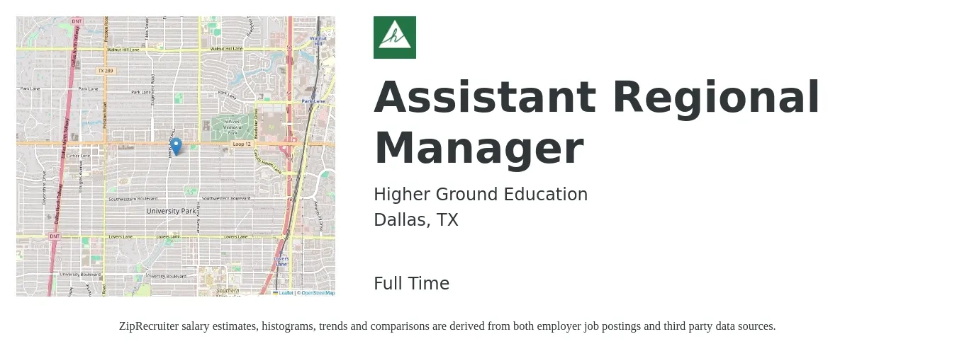 Higher Ground Education job posting for a Assistant Regional Manager in Dallas, TX with a salary of $16 to $25 Hourly with a map of Dallas location.