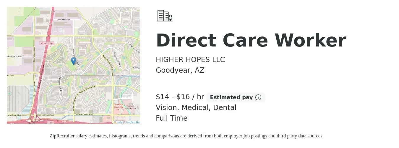 HIGHER HOPES LLC job posting for a Direct Care Worker in Goodyear, AZ with a salary of $13 to $17 Hourly with a map of Goodyear location.