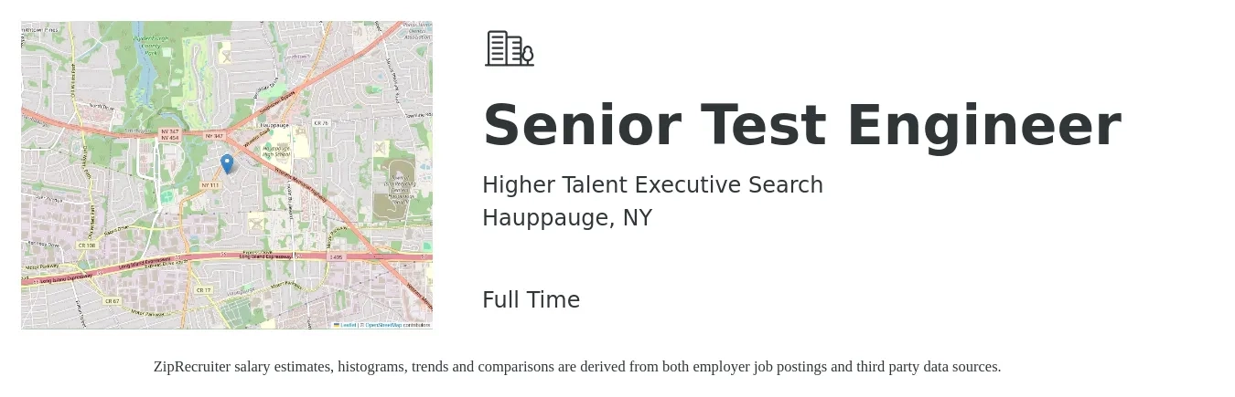Higher Talent Executive Search job posting for a Senior Test Engineer in Hauppauge, NY with a salary of $98,200 to $137,500 Yearly with a map of Hauppauge location.