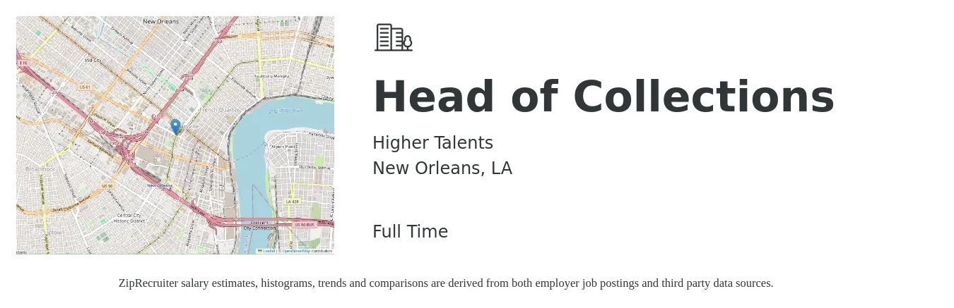 Higher Talents job posting for a Head of Collections in New Orleans, LA with a salary of $76,800 to $106,100 Yearly with a map of New Orleans location.