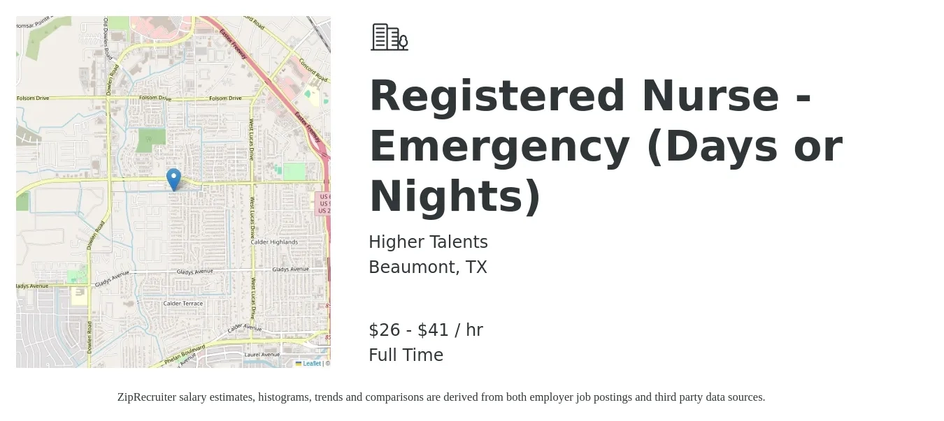 Higher Talents job posting for a Registered Nurse - Emergency (Days or Nights) in Beaumont, TX with a salary of $27 to $44 Hourly with a map of Beaumont location.