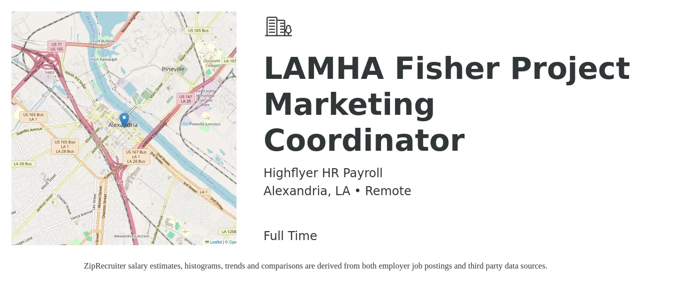 Highflyer HR Payroll job posting for a LAMHA Fisher Project Marketing Coordinator in Alexandria, LA with a salary of $30,000 to $35,000 Yearly with a map of Alexandria location.