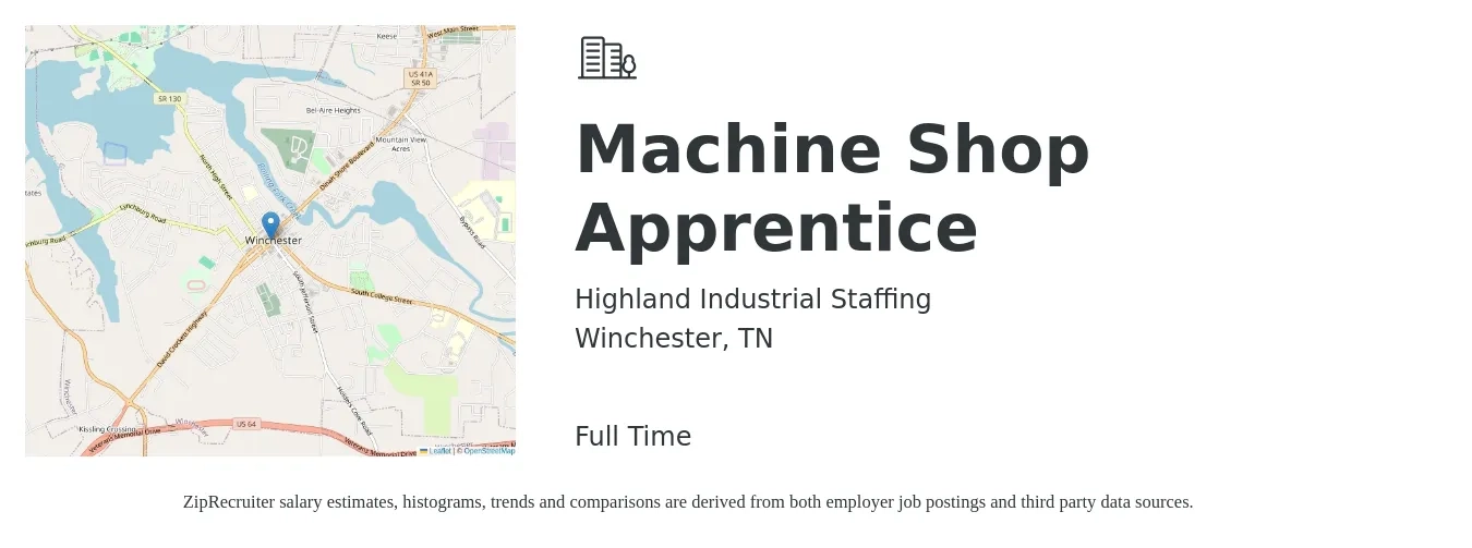 Highland Industrial Staffing job posting for a Machine Shop Apprentice in Winchester, TN with a salary of $15 to $20 Hourly with a map of Winchester location.
