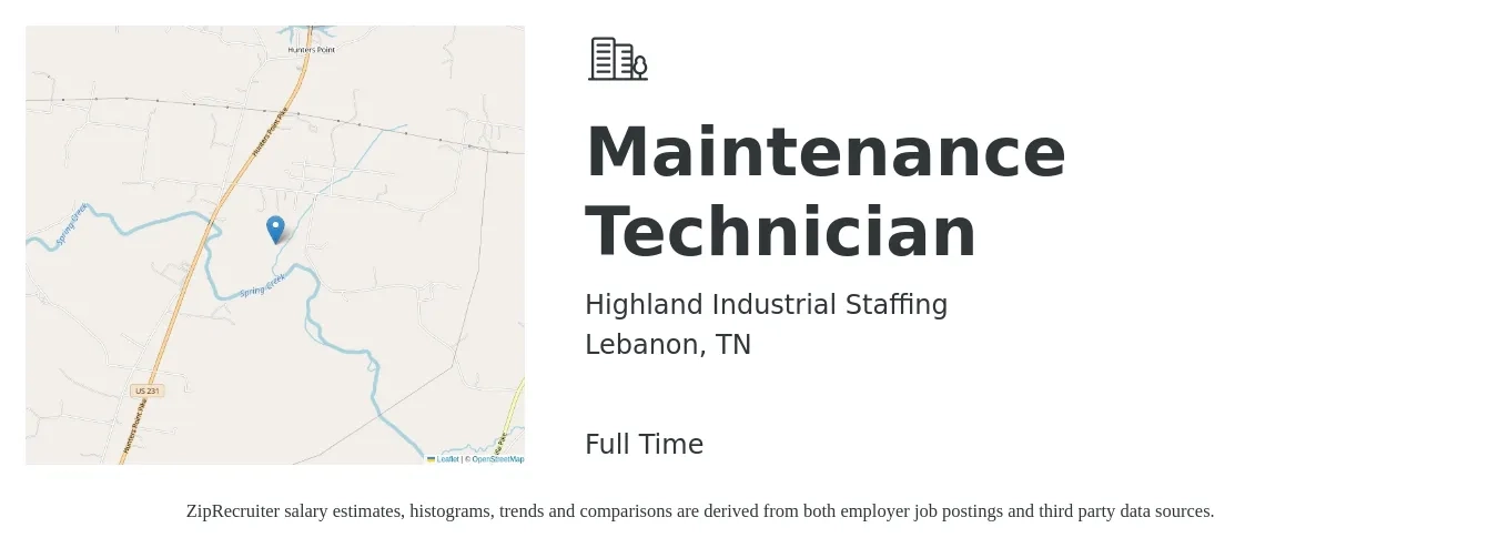 Highland Industrial Staffing job posting for a Maintenance Technician in Lebanon, TN with a salary of $16 to $22 Hourly with a map of Lebanon location.