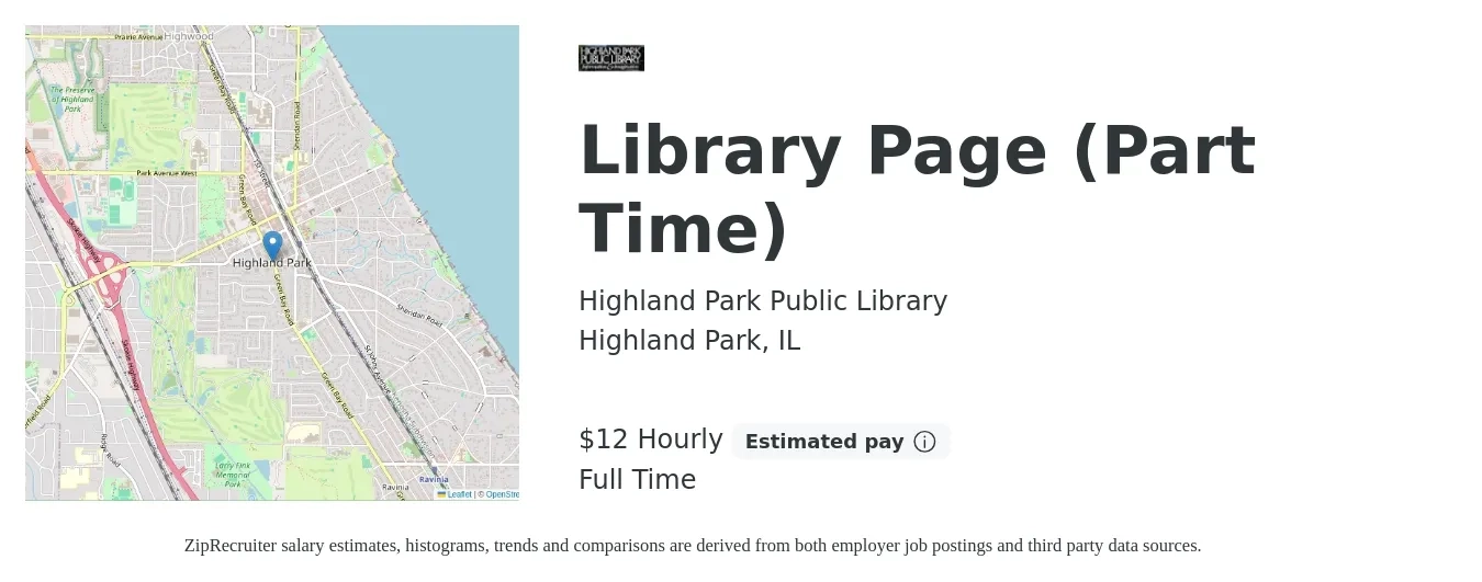 Highland Park Public Library job posting for a Library Page (Part Time) in Highland Park, IL with a salary of $13 Hourly with a map of Highland Park location.