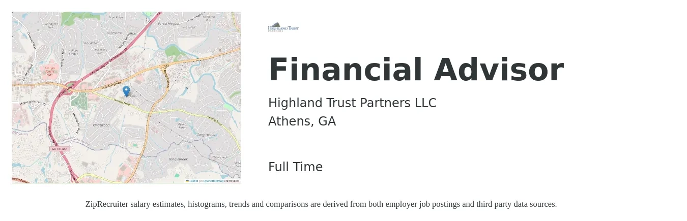 Highland Trust Partners LLC job posting for a Financial Advisor in Athens, GA with a salary of $65,400 to $114,300 Yearly with a map of Athens location.