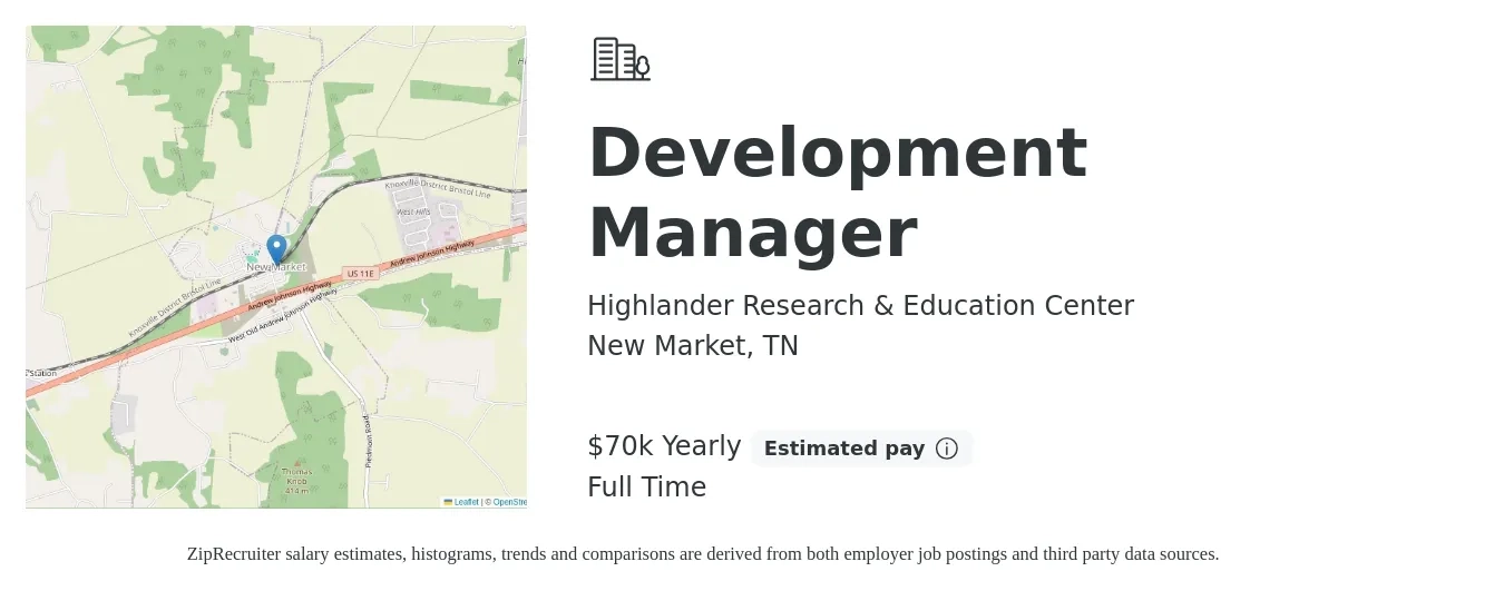 Highlander Research & Education Center job posting for a Development Manager in New Market, TN with a salary of $70,455 Yearly with a map of New Market location.