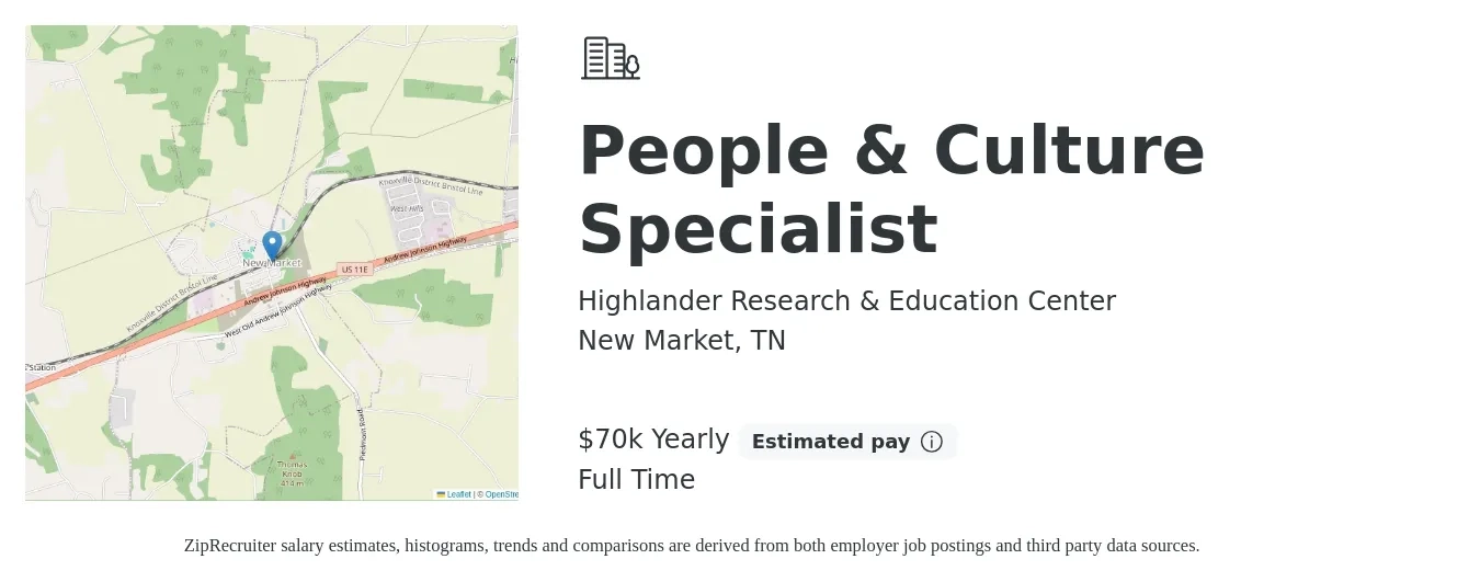 Highlander Research & Education Center job posting for a People & Culture Specialist in New Market, TN with a salary of $70,455 Yearly with a map of New Market location.