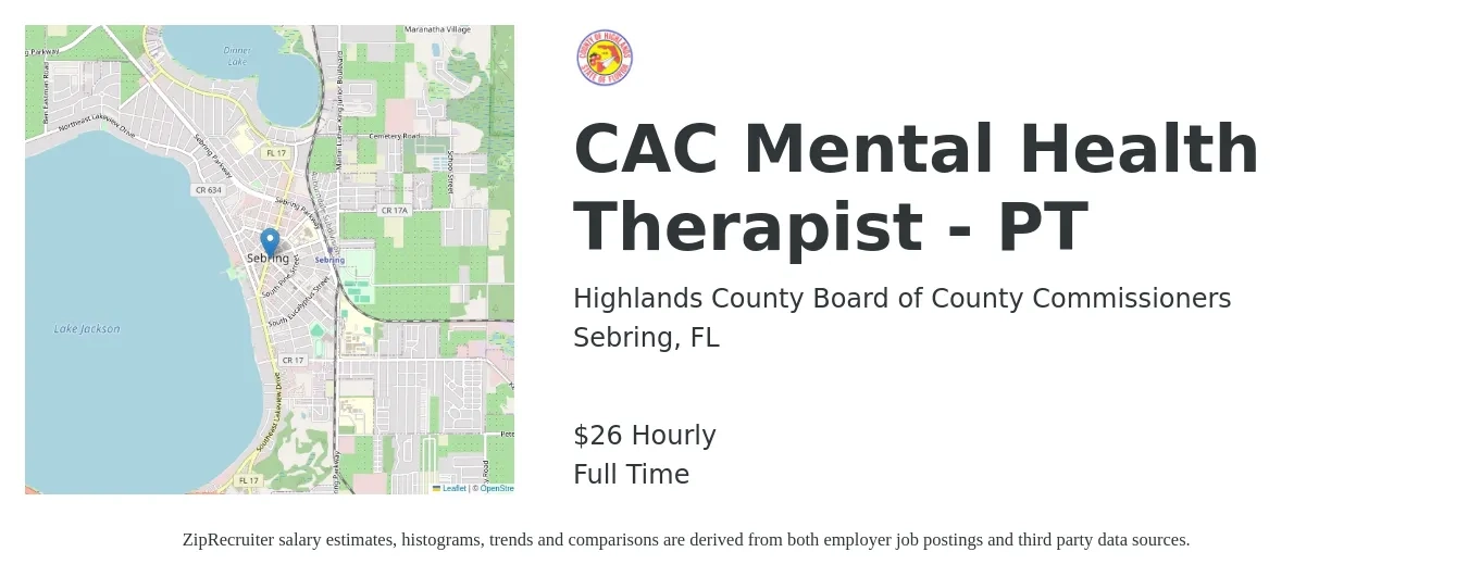 Highlands County Board of County Commissioners job posting for a CAC Mental Health Therapist - PT in Sebring, FL with a salary of $27 Hourly with a map of Sebring location.