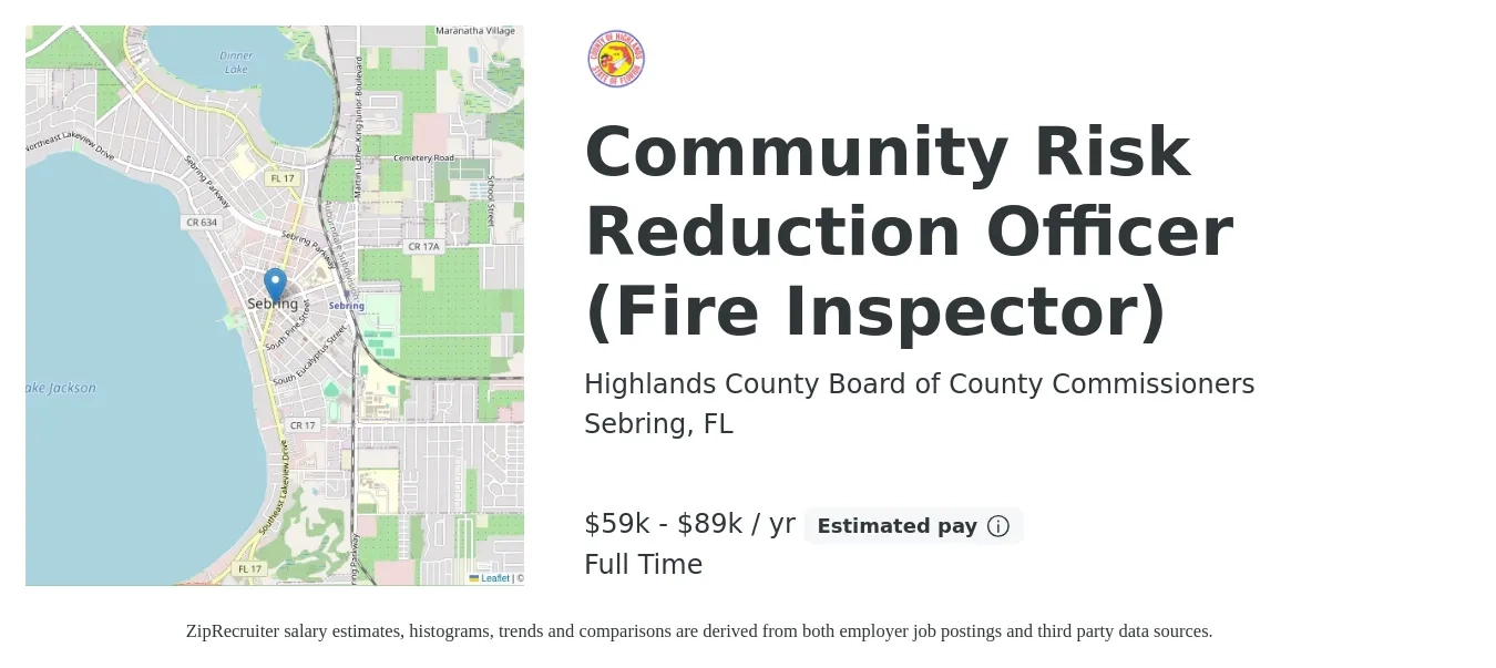 Highlands County Board of County Commissioners job posting for a Community Risk Reduction Officer (Fire Inspector) in Sebring, FL with a salary of $59,818 to $89,727 Yearly with a map of Sebring location.