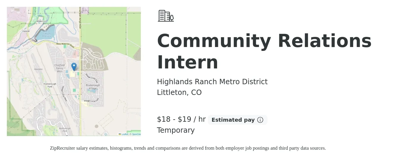 Highlands Ranch Metro District job posting for a Community Relations Intern in Littleton, CO with a salary of $19 to $20 Hourly with a map of Littleton location.