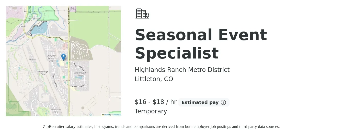 Highlands Ranch Metro District job posting for a Seasonal Event Specialist in Littleton, CO with a salary of $17 to $19 Hourly with a map of Littleton location.