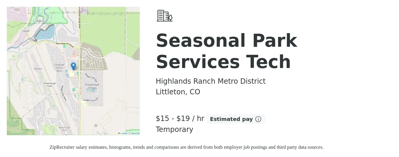Highlands Ranch Metro District job posting for a Seasonal Park Services Tech in Littleton, CO with a salary of $16 to $20 Hourly with a map of Littleton location.