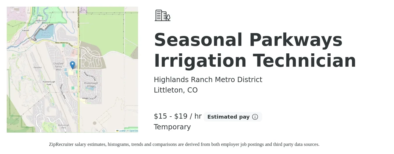 Highlands Ranch Metro District job posting for a Seasonal Parkways Irrigation Technician in Littleton, CO with a salary of $16 to $20 Hourly with a map of Littleton location.