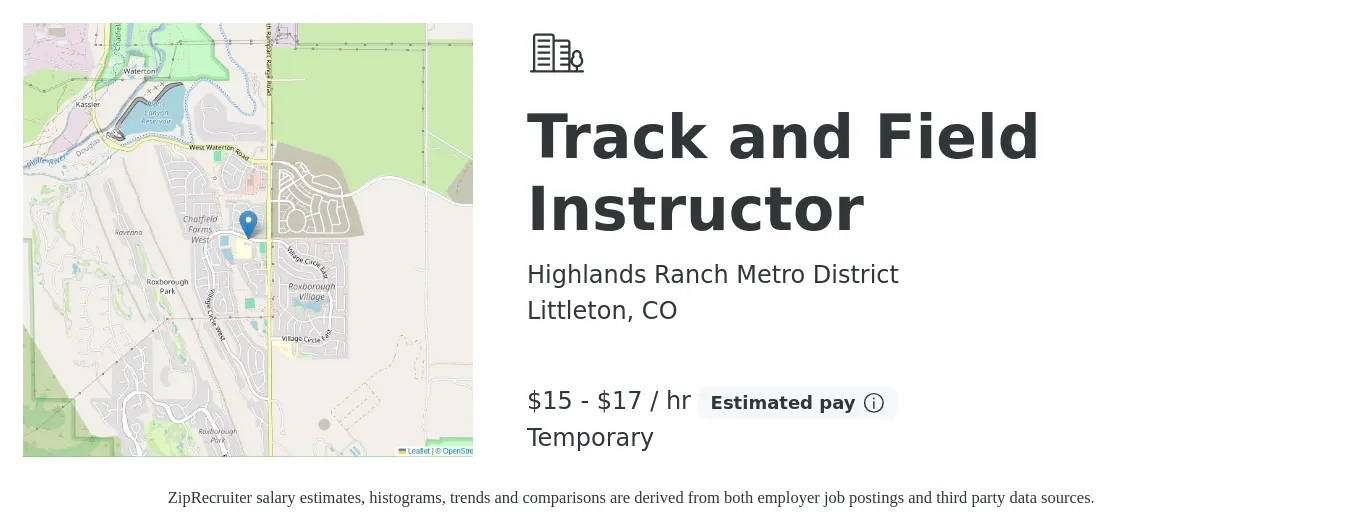 Highlands Ranch Metro District job posting for a Track and Field Instructor in Littleton, CO with a salary of $16 to $18 Hourly with a map of Littleton location.