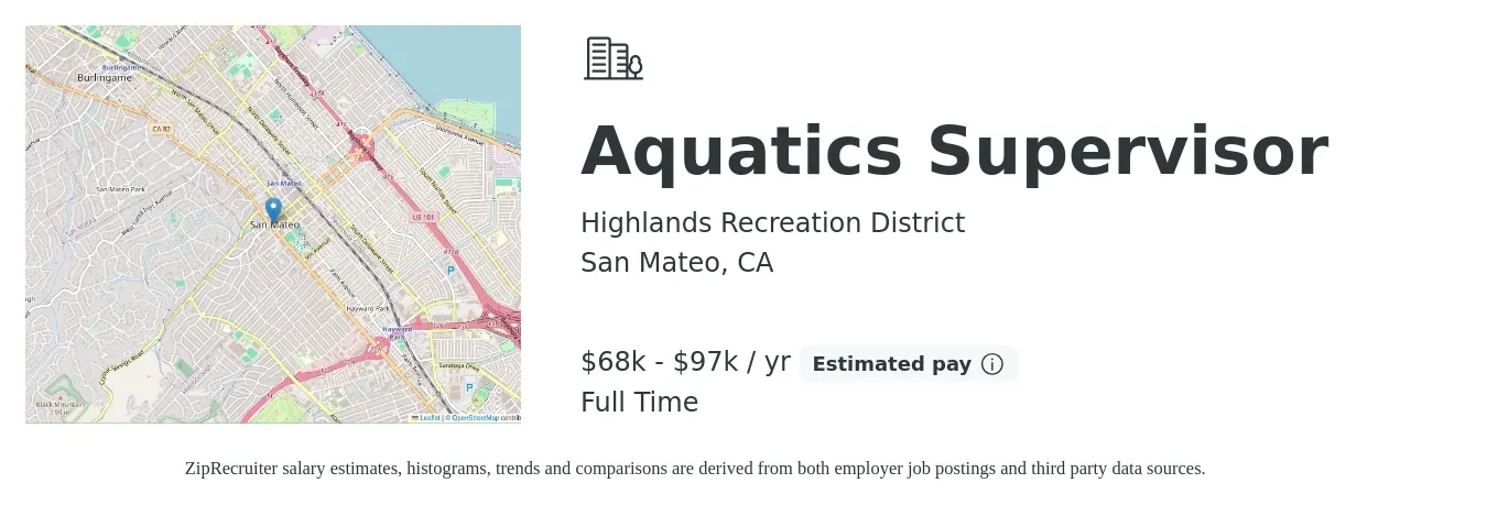 Highlands Recreation District job posting for a Aquatics Supervisor in San Mateo, CA with a salary of $68,179 to $97,279 Yearly with a map of San Mateo location.